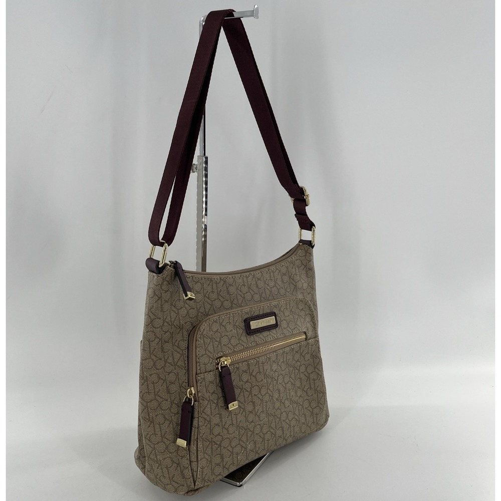 Rare Calvin Klein Signature Allover Monogram Taupe Crossbody Maroon Strap Gold - Picture 5 of 16